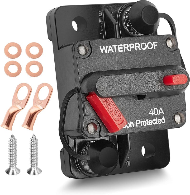 RED WOLF 40 AMP Car Circuit Breaker w/Manual Reset Switch Inline Fuse Holder Inverter for Motor Trolling Vehicles Audio Radio Solar System Protection 12V-48V DC with Wire Lugs Copper Washer Screws - Image 1